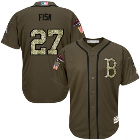 Men's Majestic Boston Red Sox #27 Carlton Fisk Authentic Green Salute to Service 2018 World Series Champions MLB Jersey